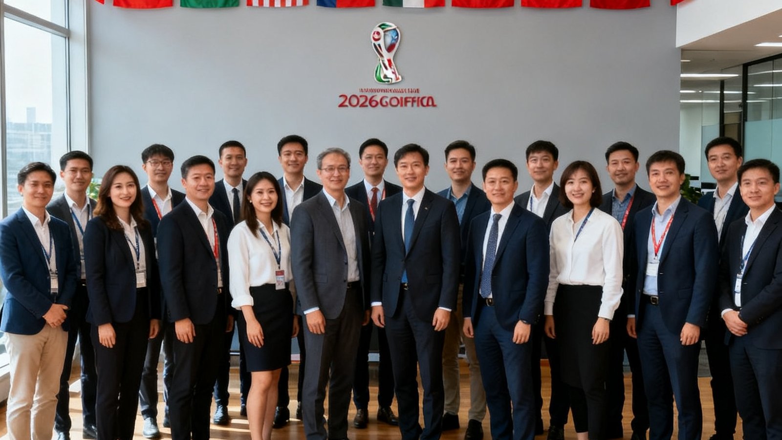2026世界杯官网团队合影,办公室背景挂满各国旗帜,团队约50人