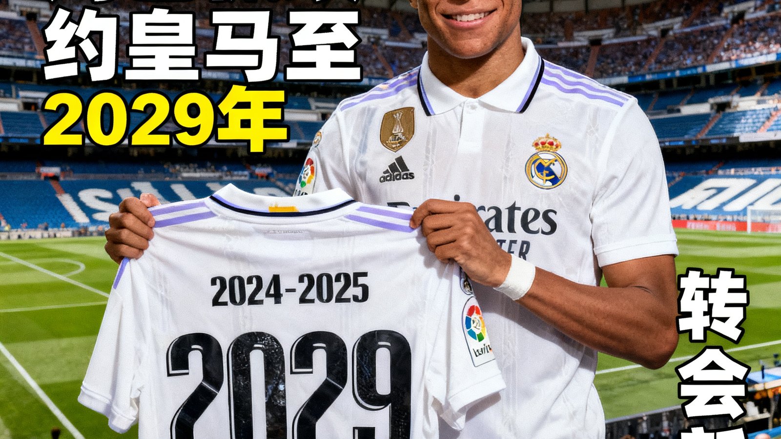 姆巴佩续约皇马至2029年,转会新闻配图,球员手持球衣