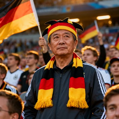 中年男球迷老李,德国队铁粉,头戴德国队围巾